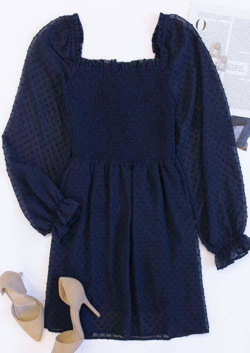 Dotted Swiss Smocked Long Sleeve Mini Dress - Navy Blue