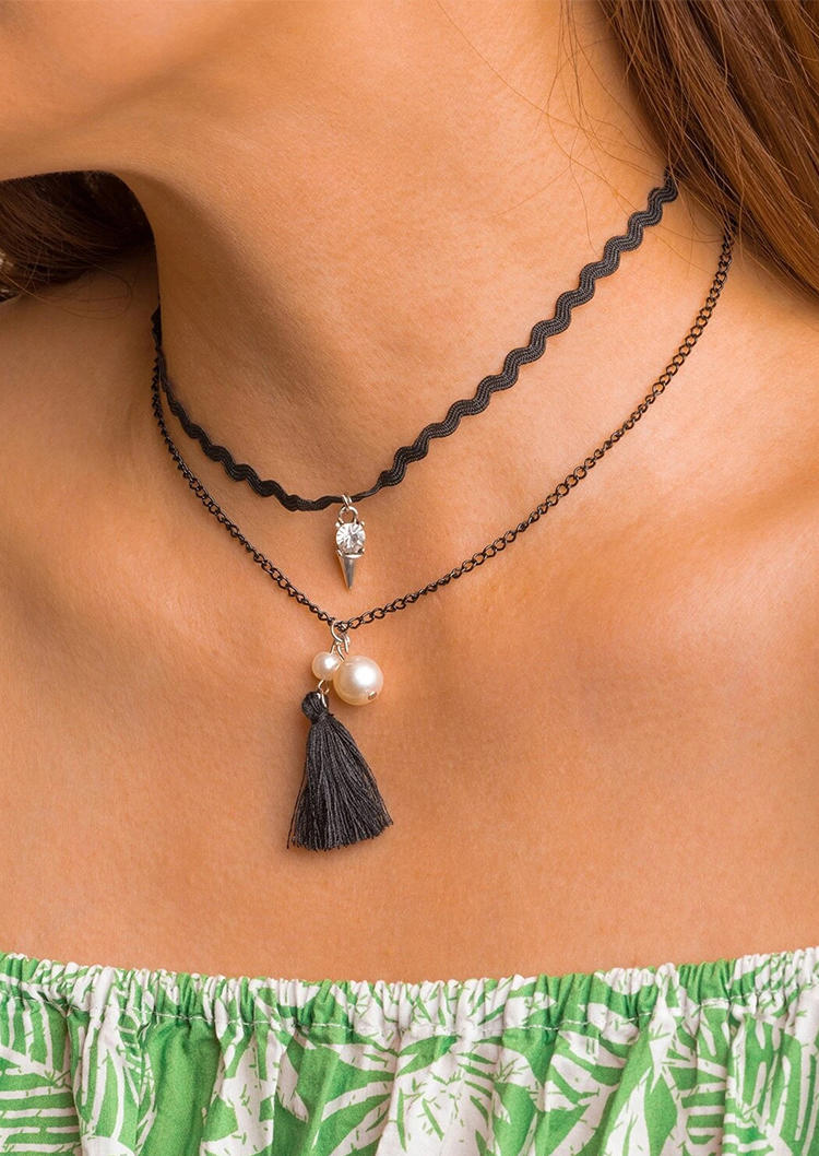 

Double-Layered Pearl Rhinestone Tassel Necklace, Black, 517757