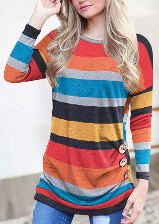 

Striped Color Block Button Long Sleeve Blouse, Multicolor, 516509