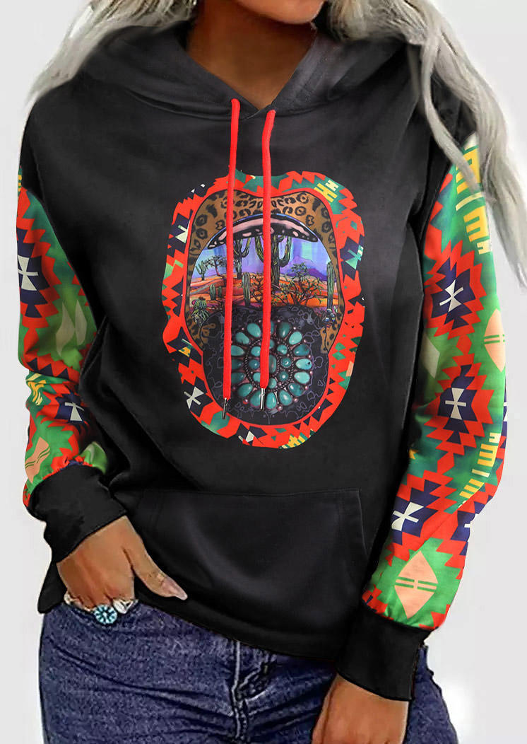 

Aztec Geometric Turquoise Splicing Kangaroo Pocket Hoodie - Black, 516512