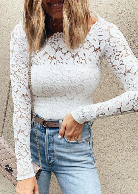 

Lace Floral Hollow Out Long Sleeve Blouse - White, 516529