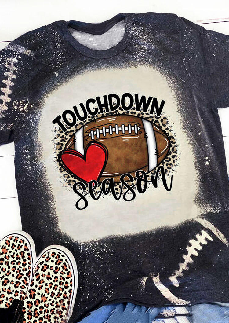 

Touchdown Season Football Heart Bleached T-Shirt Tee - Dark Grey, Gray, 517079