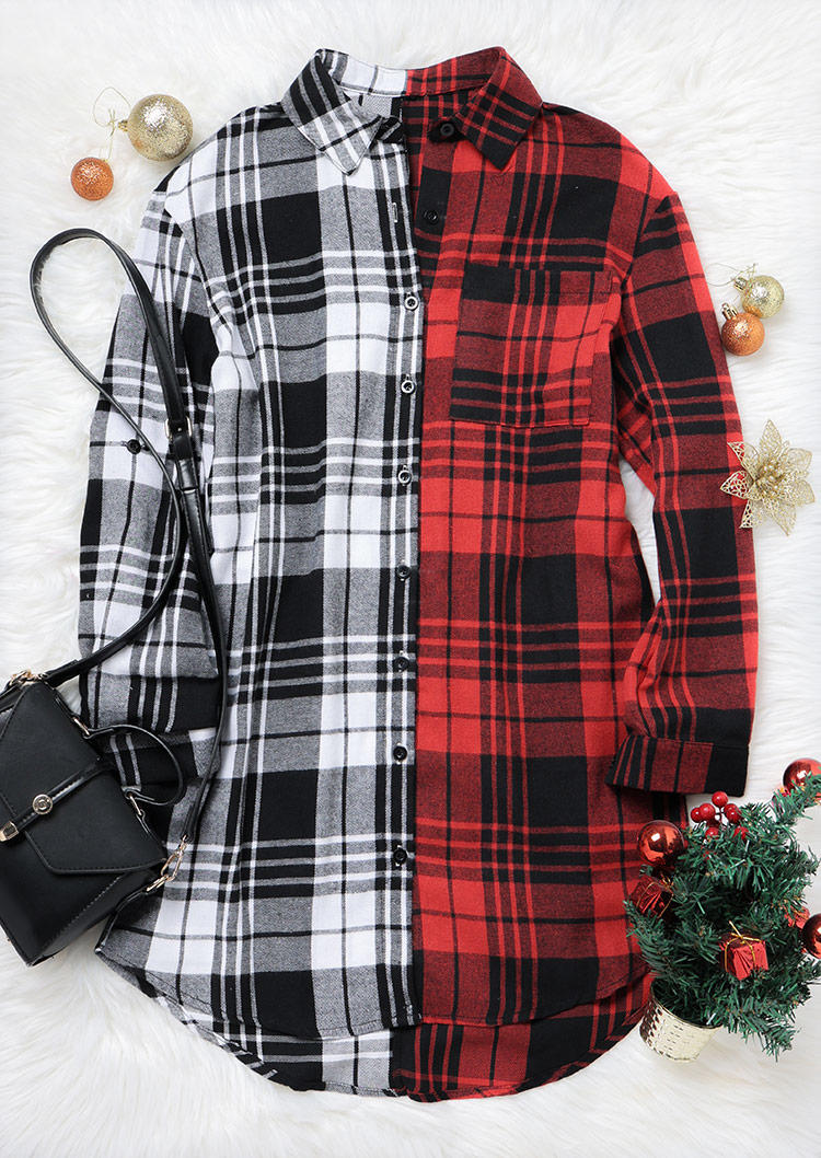 Plaid Color Block Pocket Button Shirt Mini Dress