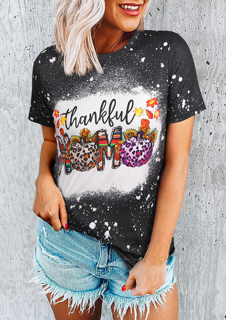 

Thankful Mama Leopard Pumpkin Bleached T-Shirt Tee - Black, 517215