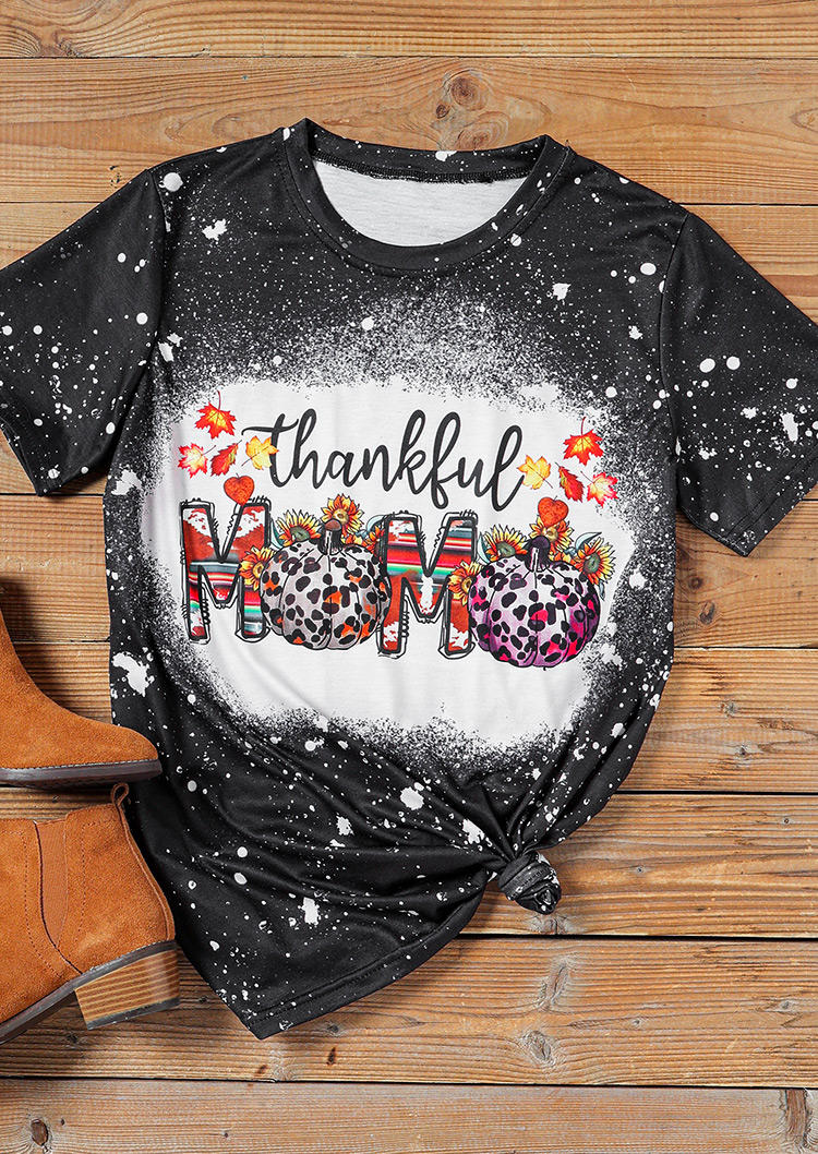 Thankful Mama Leopard Pumpkin Bleached T-Shirt Tee - Black