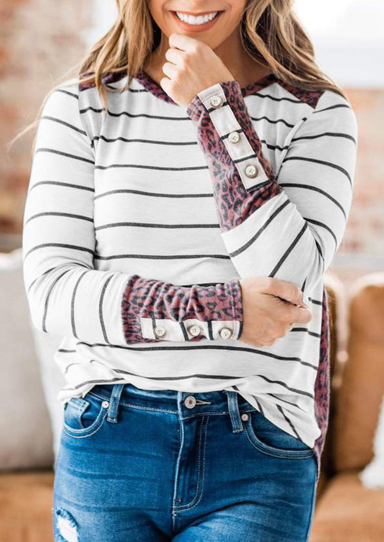 

Leopard Striped Splicing Button Blouse, Stripe, 517293