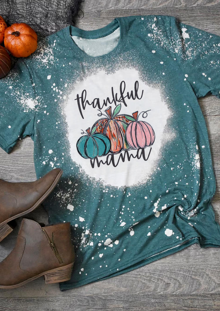 Buy Thankful Mama Pumpkin Bleached T-Shirt Tee - Cyan. Picture