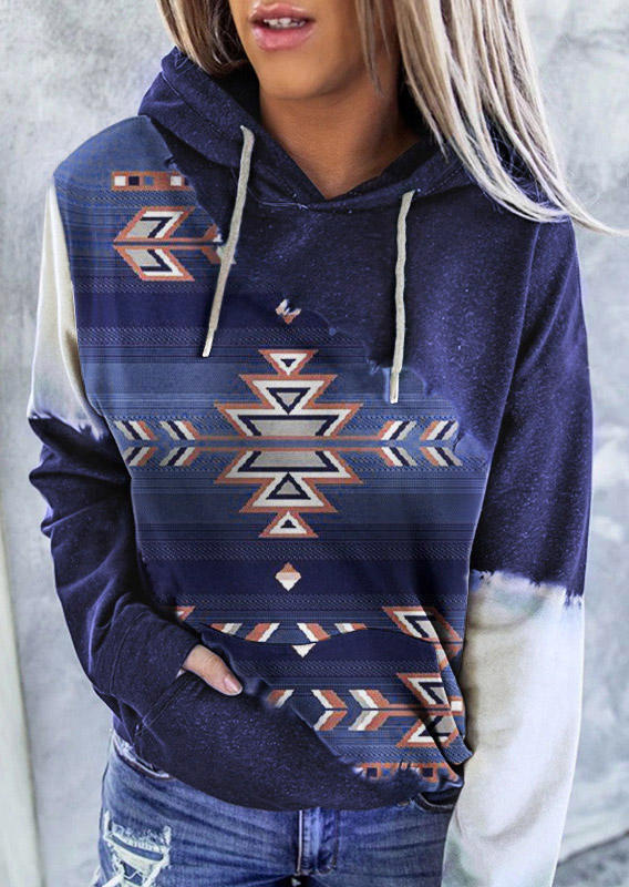 

Aztec Geometric Color Block Kangaroo Pocket Hoodie - Blue, 517329