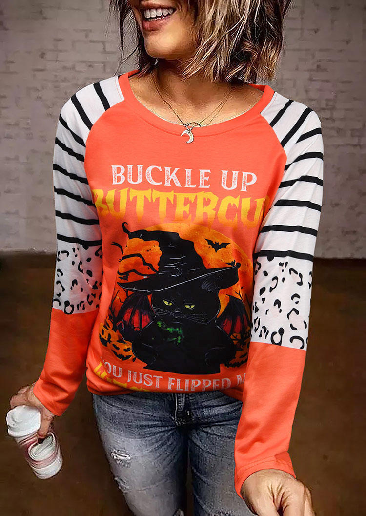 

Buckle Up Pumpkin Witch Striped Leopard Blouse - Orange, 517538