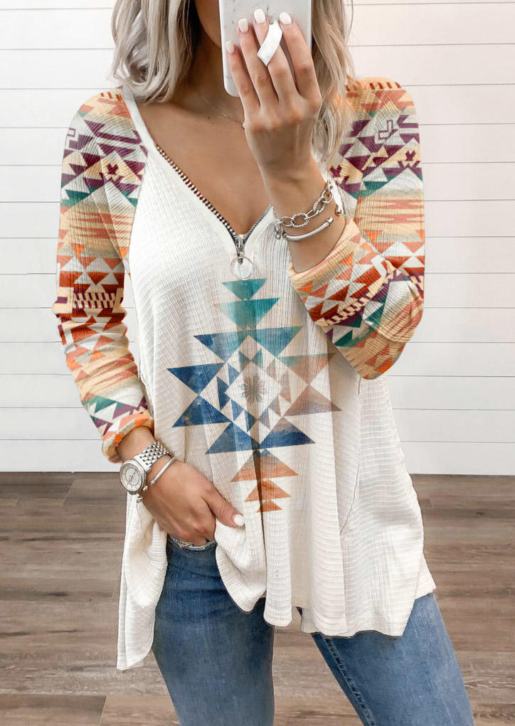 

Aztec Geometric Zipper Long Sleeve Blouse - White, 517555