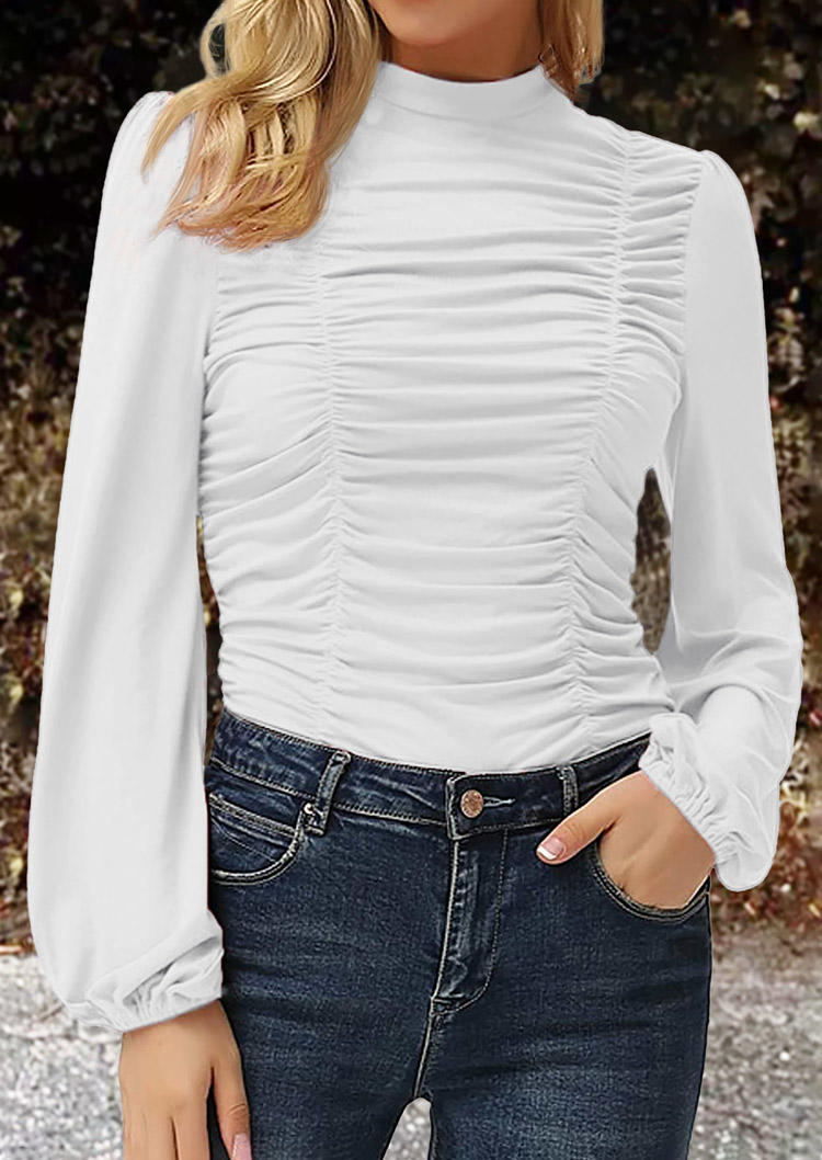 

Ruched Lantern Sleeve Blouse - White, 517561