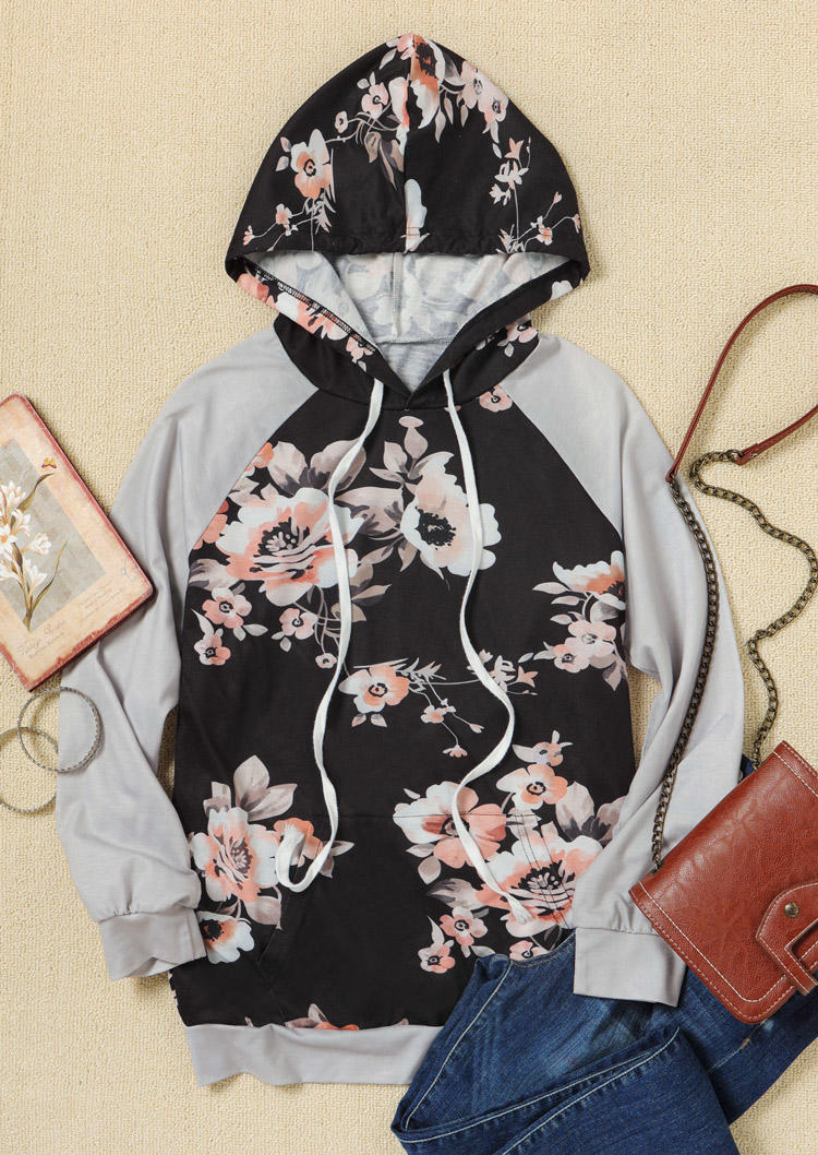 Floral Drawstring Raglan Sleeve Hoodie