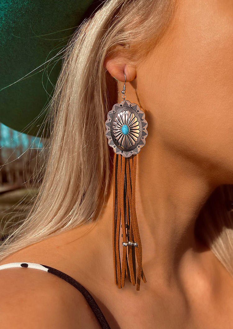 

Turquoise Long Tassel Western Earrings, Brown, 517681