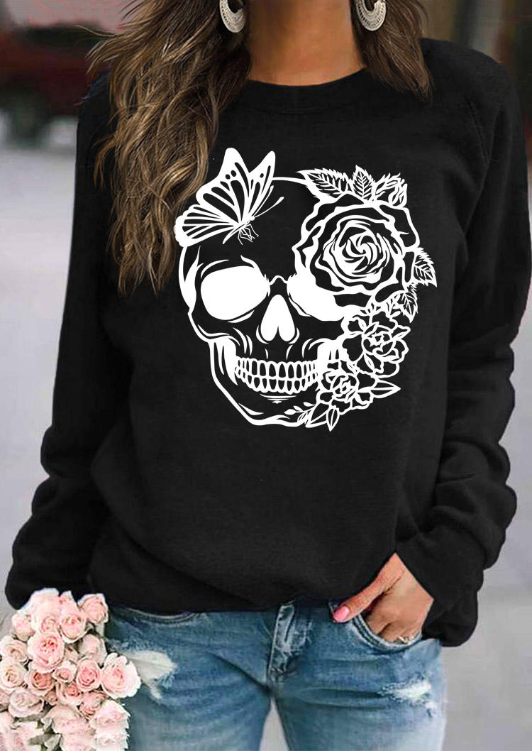 

Skull Floral Butterfly O-Neck Sweatshirt - Black, 517689