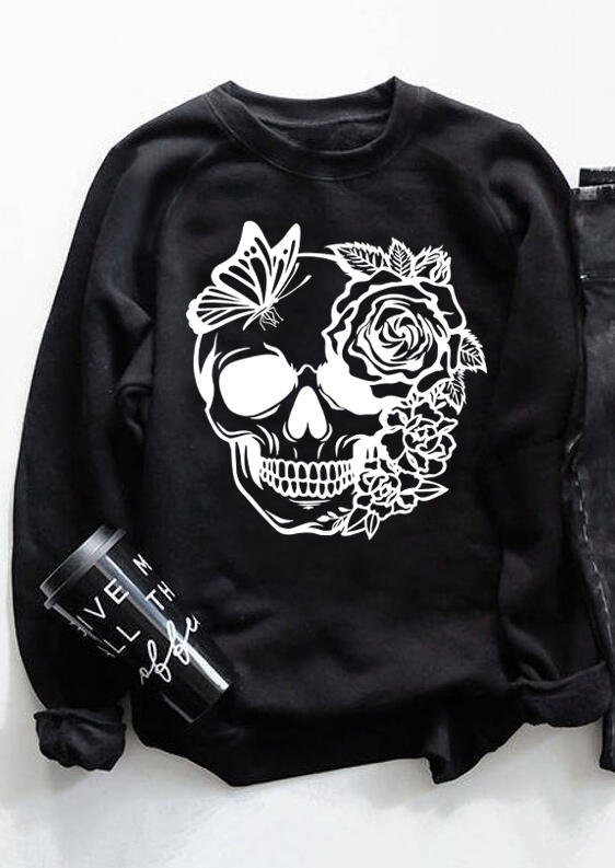 Buy Skull Floral Butterfly O-Neck Sweatshirt - Black. Picture