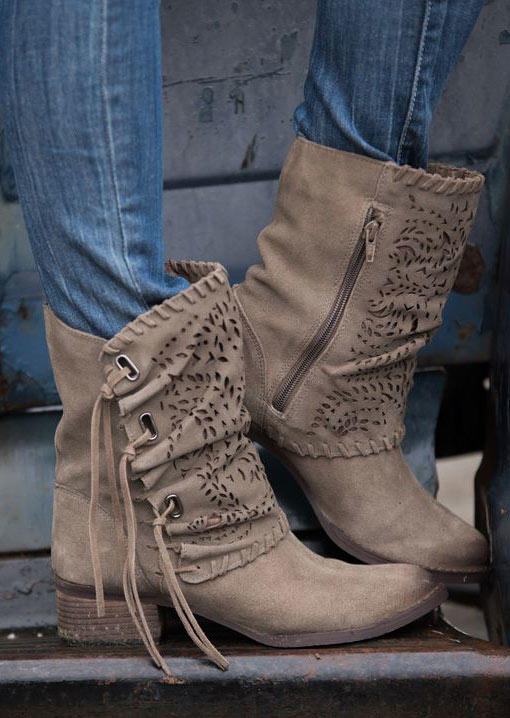 

Zipper Tassel Perforated Chunky Heel Boots - Light Coffee, 517794