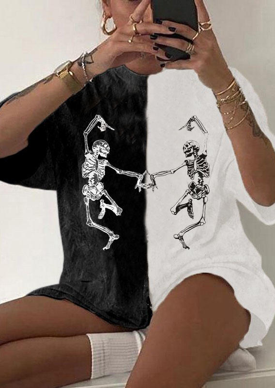 

Halloween Dancing Skeleton Color Block T-Shirt Tee - Black, 517814