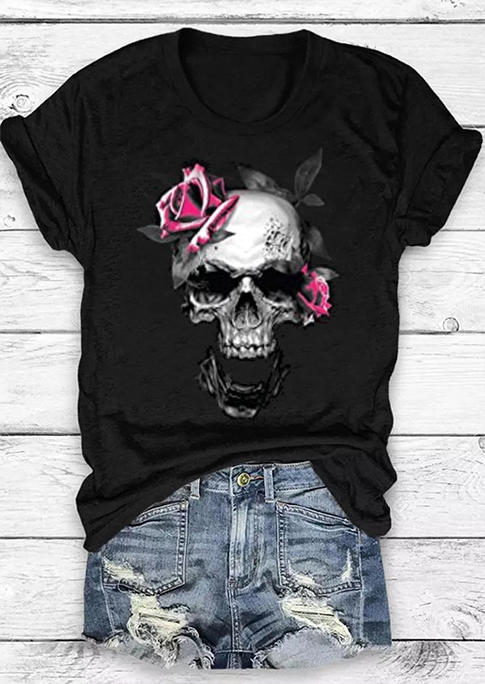 

Halloween Skull Rose T-Shirt Tee - Black, 517827