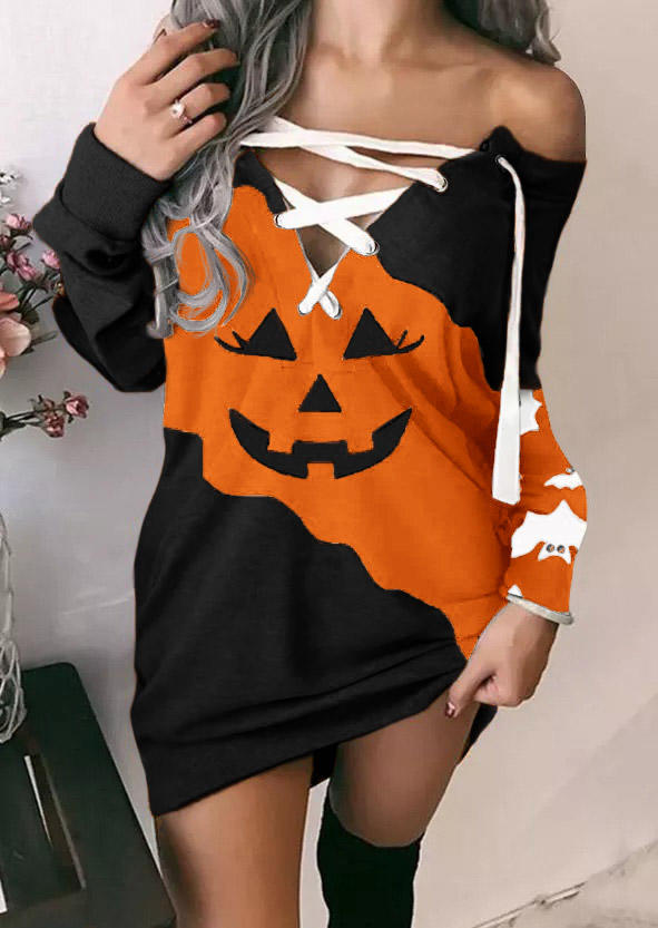 

Halloween Pumpkin Face Lace Up Mini Dress, Multicolor, 517906