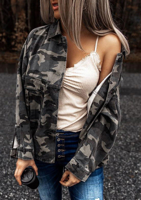 

Camouflage Button Pocket Long Sleeve Coat, Multicolor, 517911