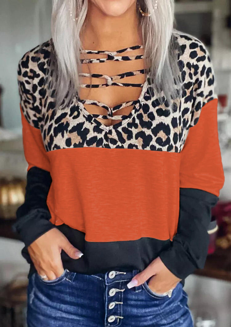 

Leopard Color Block Criss-Cross Long Sleeve Blouse, Multicolor, 517921