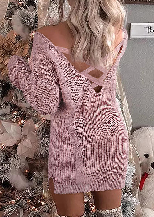 Criss-Cross Open Back Long Sleeve Sweater Mini Dress - Light Pink