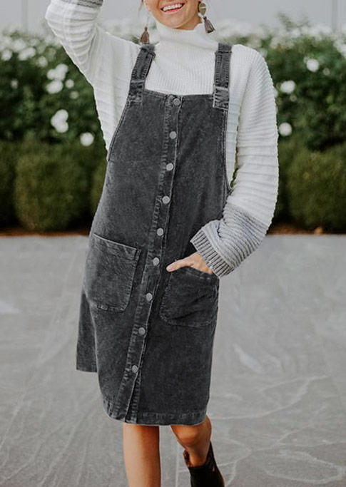 

Button Pocket Washed Denim Overall Mini Dress - Dark Grey, 517284