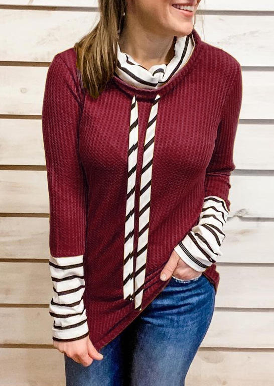 

Striped Splicing Drawstring Long Sleeve Blouse - Burgundy, Red, 517416