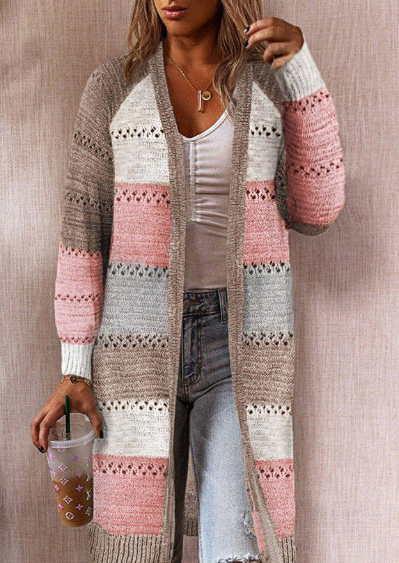 

Hollow Out Color Block Cardigan Sweater - Pink, 517519