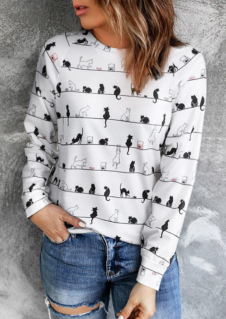 

Cute Cat Print Long Sleeve Casual Blouse - White, 517583
