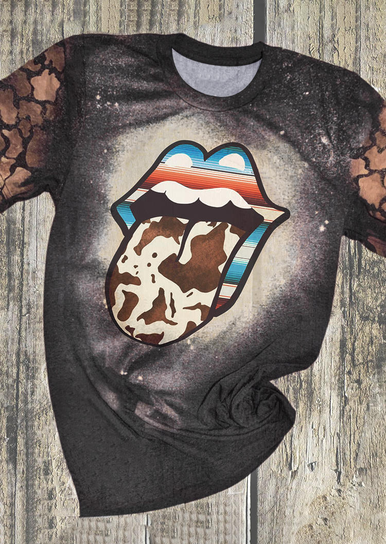 

Lips Cow Bleached O-Neck T-Shirt Tee, Multicolor, 517727