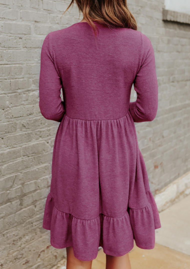 Ruffled V-Neck Long Sleeve Mini Dress - Cameo Brown