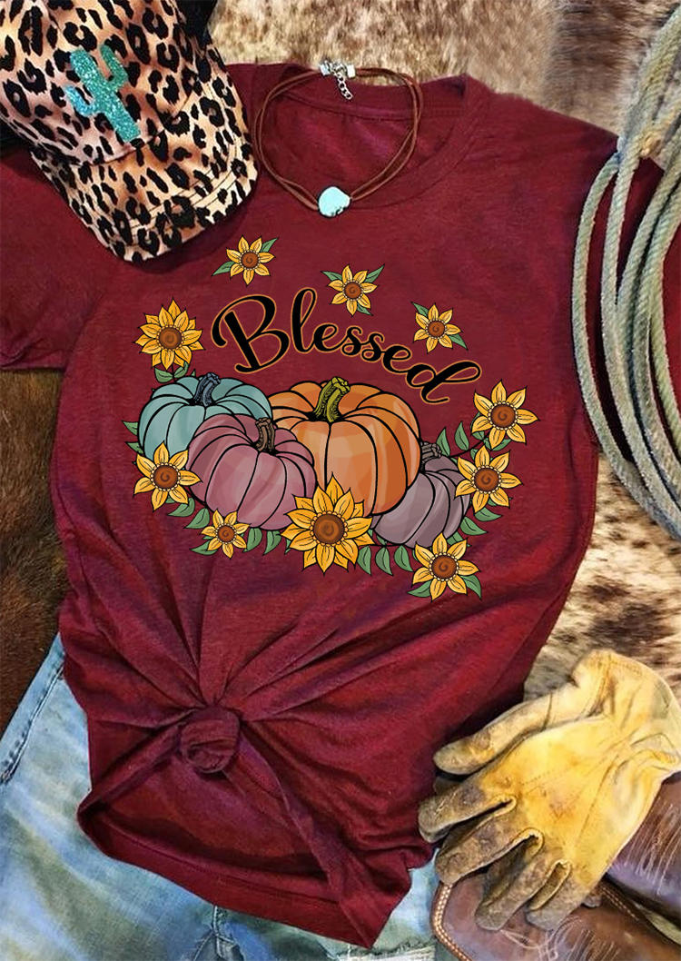 

Thanksgiving Blessed Pumpkin Daisy T-Shirt Tee - Burgundy, 517831