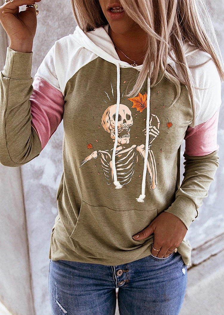 

Halloween Skeleton Color Block Kangaroo Pocket Hoodie, Multicolor, 517905