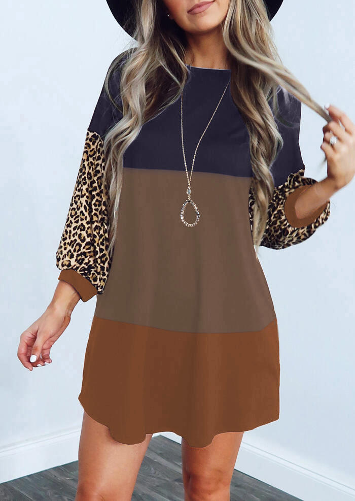 Leopard Color Block Long Sleeve Mini Dress