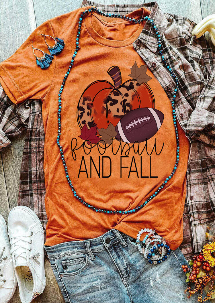 Football And Fall Pumpkin Maple Leaf T-Shirt Tee - Orange