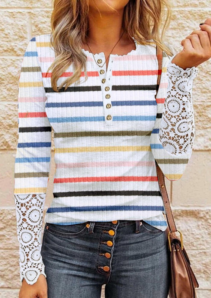

Colorful Striped Lace Splicing Button Long Sleeve Blouse, Multicolor, 517919
