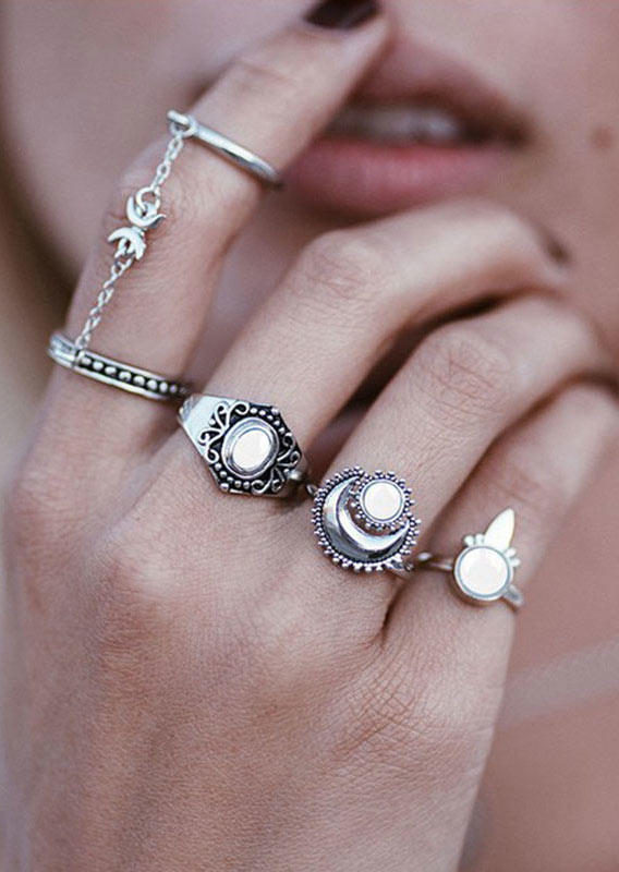 

5Pcs Vintage Moon Alloy Ring Set, Silver, 517955