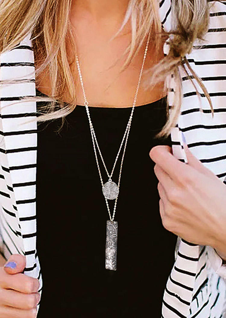 

Double-Layered Floral Carving Necklace, Silver, 518039