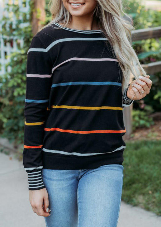 

Colorful Striped Slit Long Sleeve Blouse, Multicolor, 518043