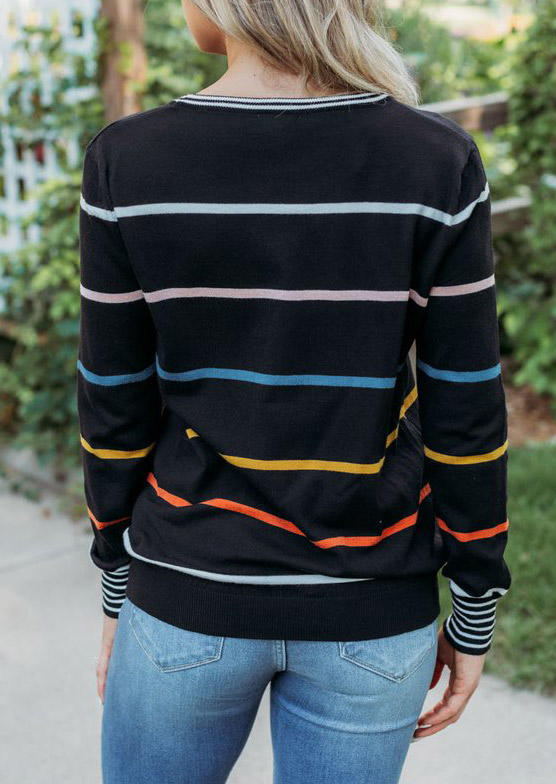 Colorful Striped Slit Long Sleeve Blouse
