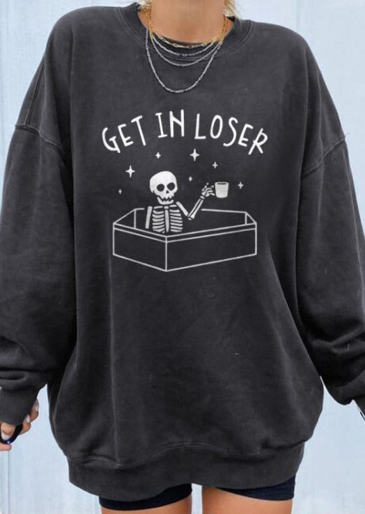 

Skull Drinking Coffee Get In Loser Sweatshirt - Dark Grey, FZ005170