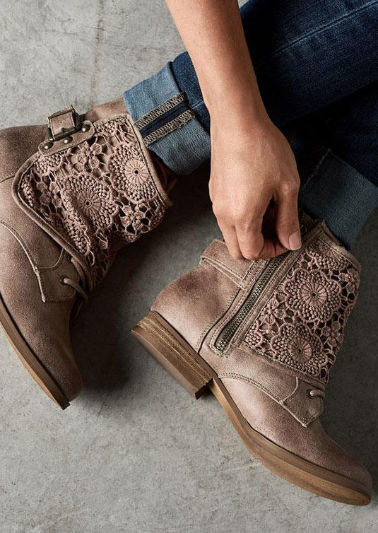 

Lace Zipper Round Toe Ankle Boots - Light Brown, 517797