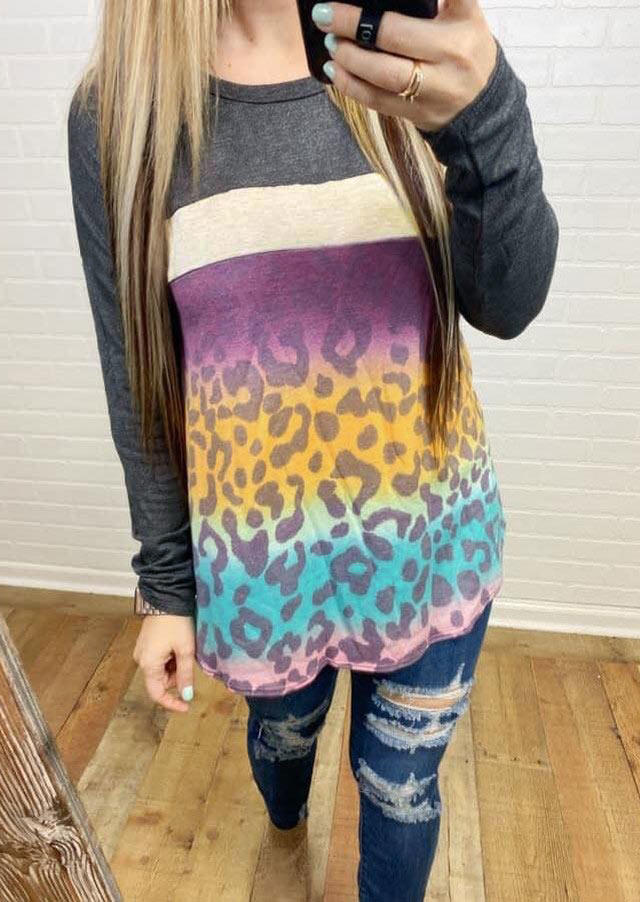 

Gradient Leopard Long Sleeve Blouse, Multicolor, 517623