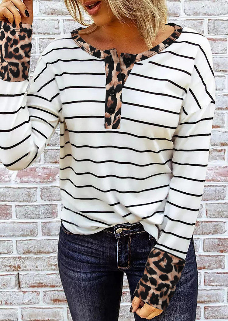 

Leopard Striped Button Casual Blouse - White, 517744