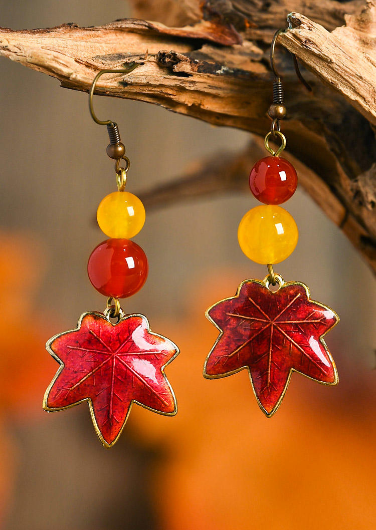 

Maple Leaf Beading Alloy Earrings, Red, 517902