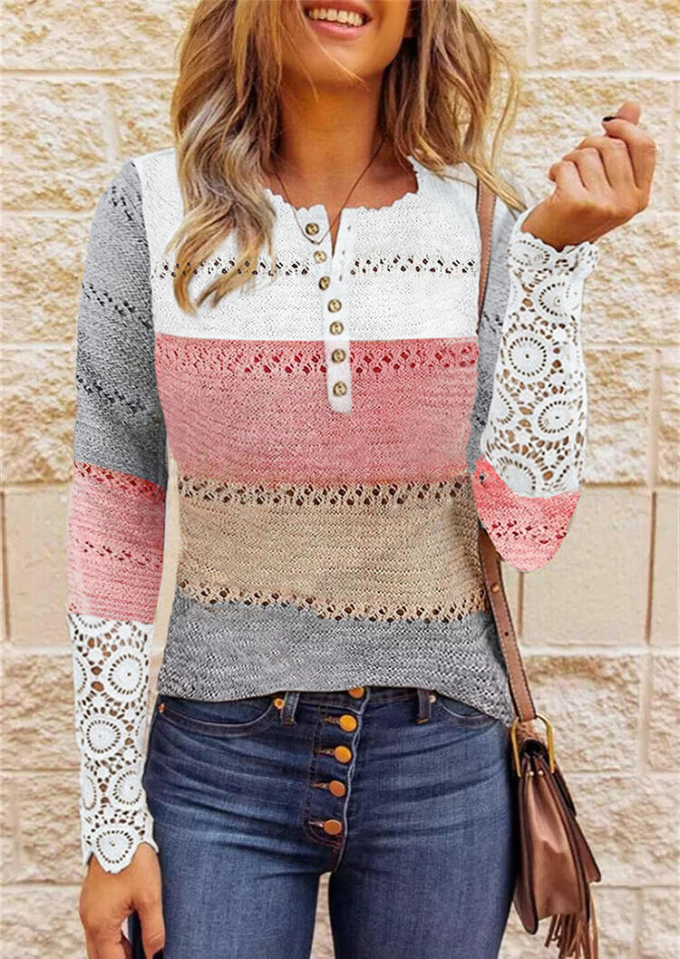 

Lace Color Block Hollow Out Button Sweater, Multicolor, 517917