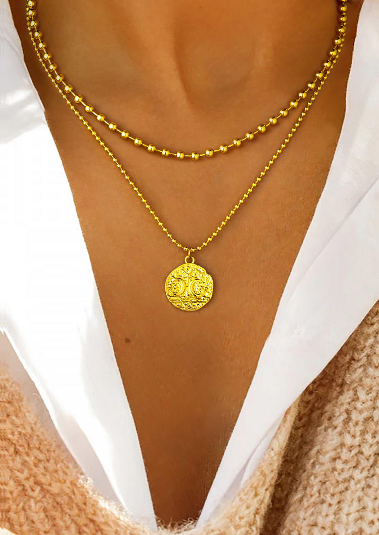 

Double-Layered Star Moon Medal Necklace, Gold, 517935