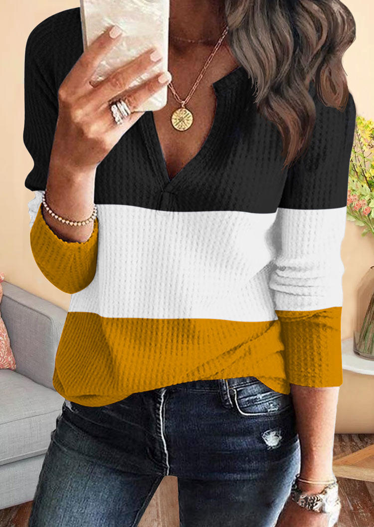 

Color Block Waffle Notched Neck Blouse - Yellow, 517946