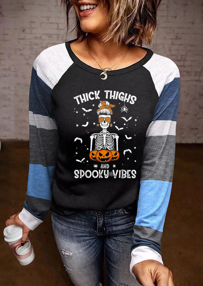 

Halloween Pumpkin Face Skeleton Thick Thighs Spooky Vibes T-Shirt Tee, Multicolor, 518034